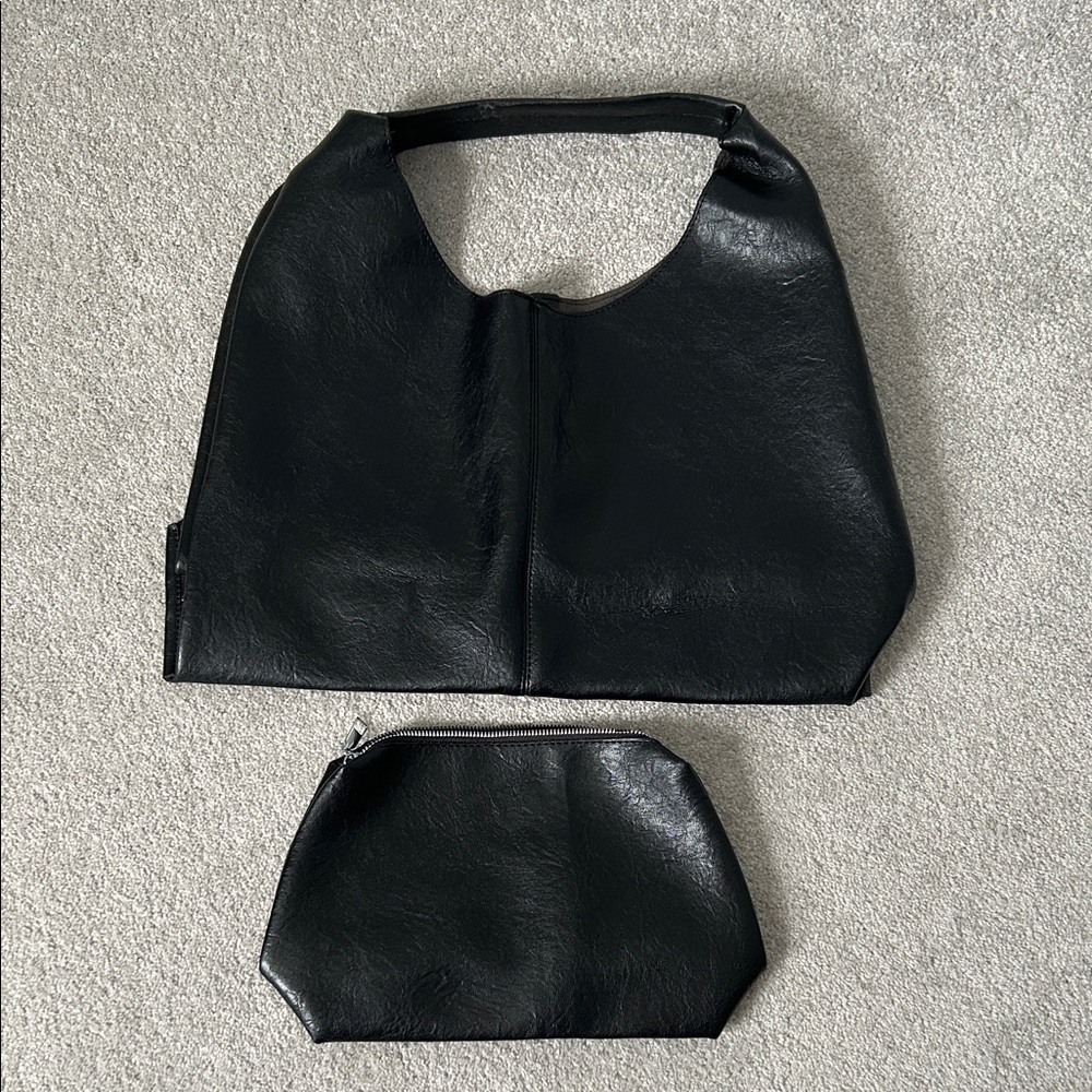 🔥🆕🔥 TIKONT Black Vegan Leather Slouchy Hobo Bag & Matching Zip Pouch Set